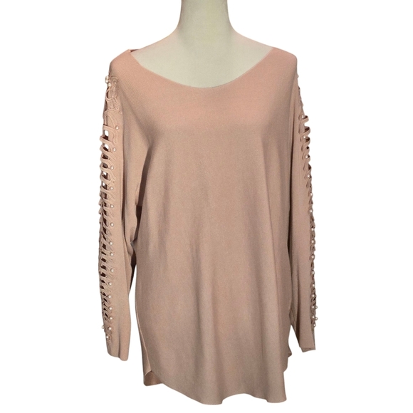 Cactus + Pearl Blush Pink Scoop Neck Sweater w/ Pearl & Lace Sleeves Women L - Picture 1 of 15